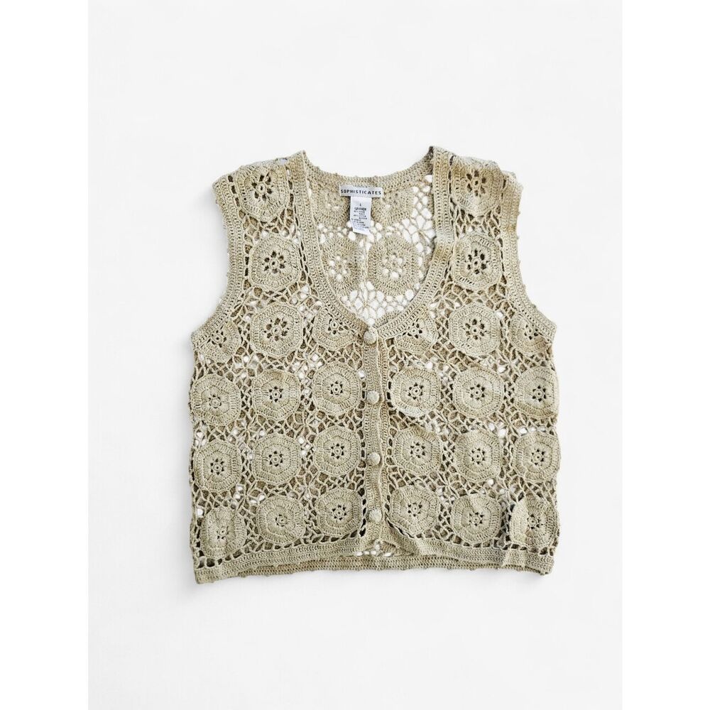 Vintage Sophisticates Crochet Granny Square Tan Button Up Ramie Cotton Vest L